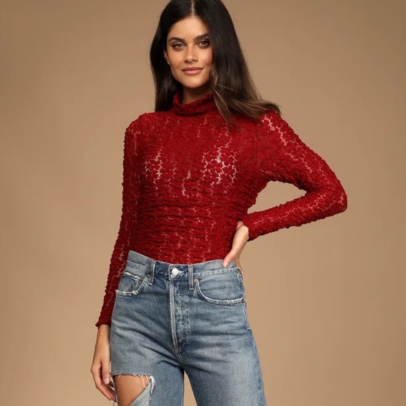 Free People Day and Night Wine Red Sheer Lace Long Sleeve Bodysuit - Picture 1 of 8
